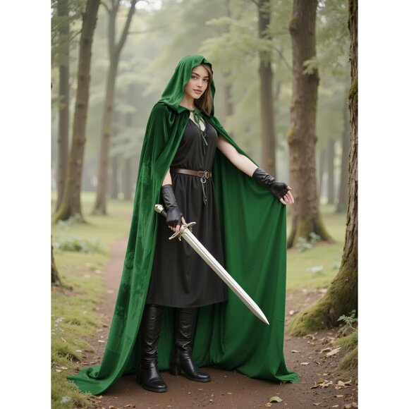 Green Witch Velvet Hooded Cloak Halloween Cape Queen King Renaissance Medieval - Picture 7 of 7